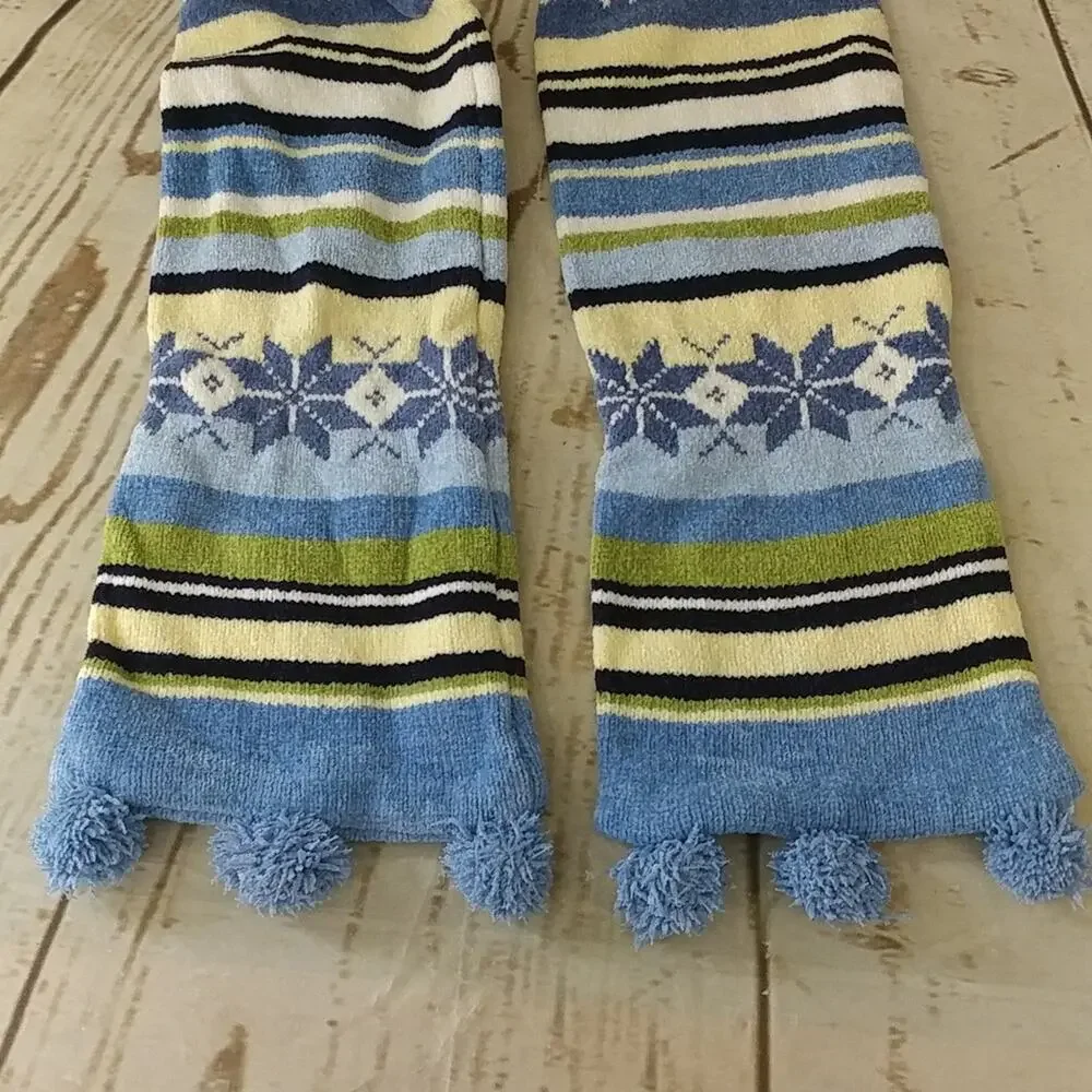 Multicolored Snowflake and Striped Scarf With Pom Poms Detail